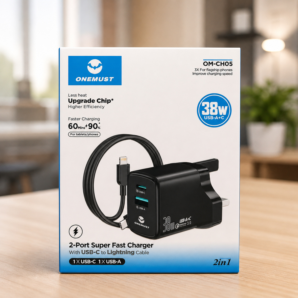 One Must Adaptor Without Cable 38W Type C And Lightning OM-CH05