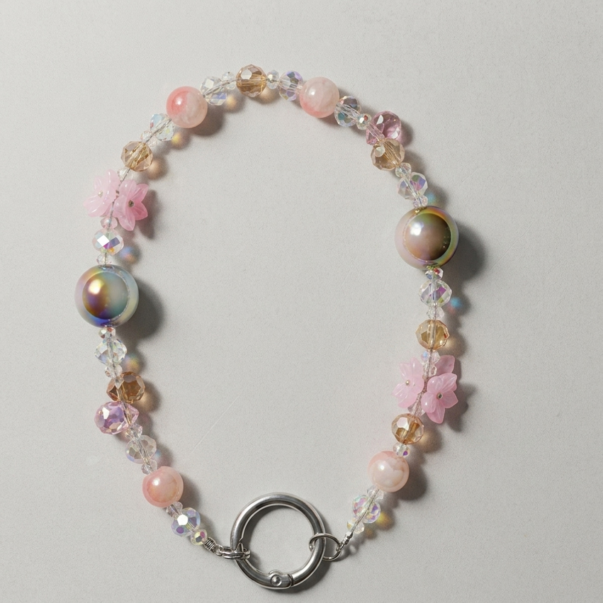 Beaded Key Chain with Floral Accents Pink