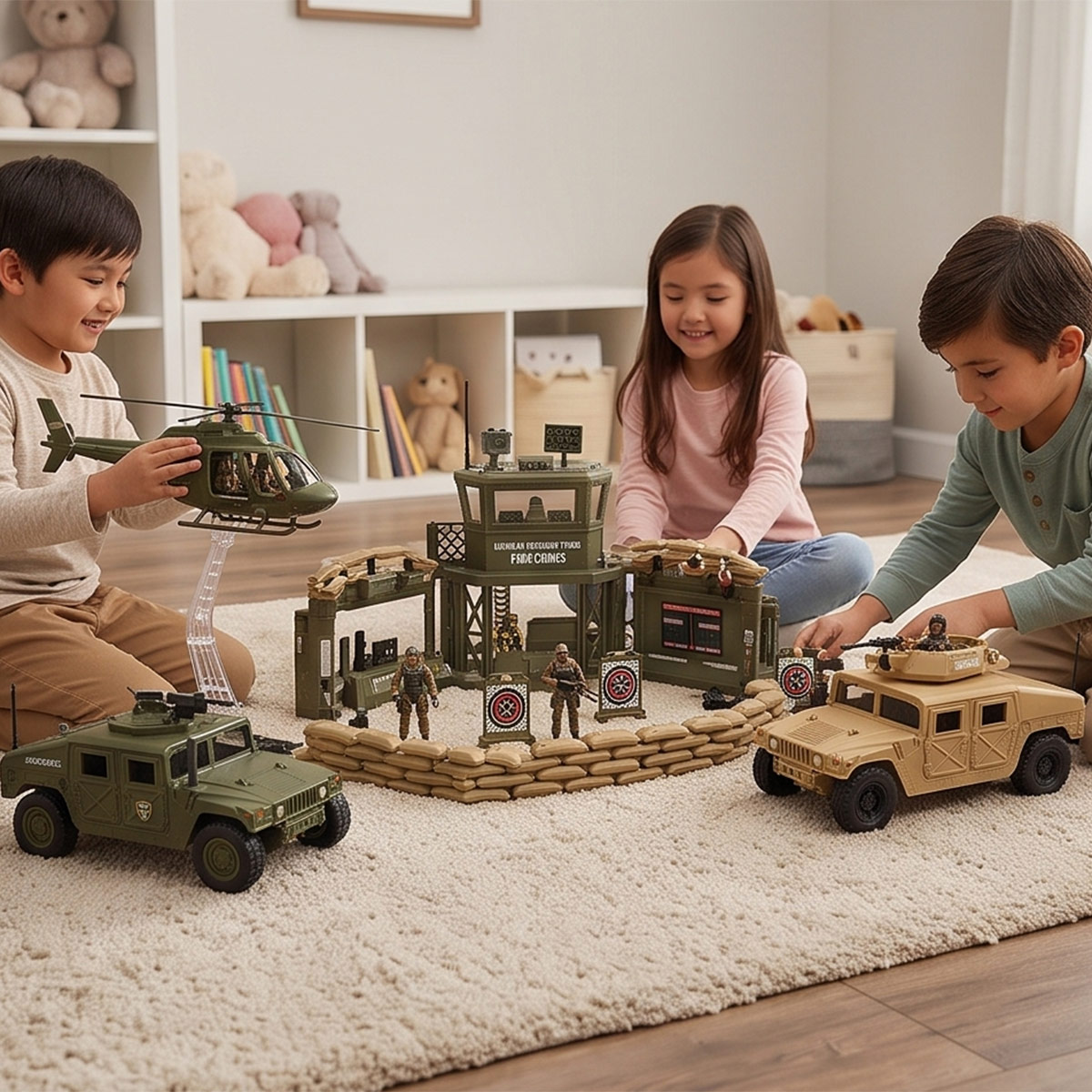 Military Base Playset With Vehicles & Helicopter