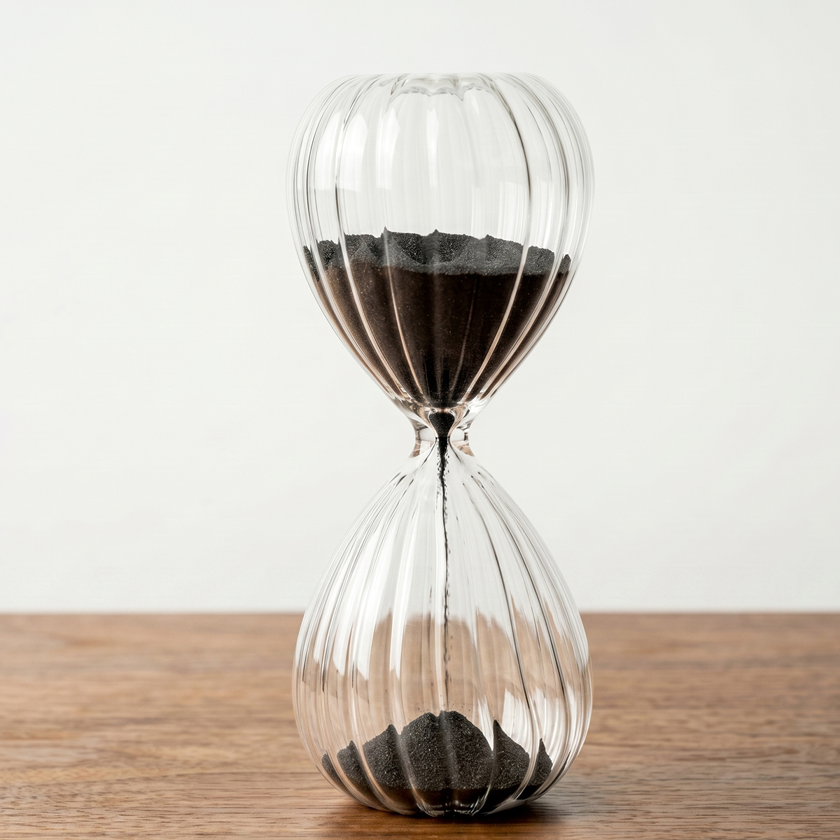 Ribbed Clear Glass Decorative Hourglass Filled With Black Sand