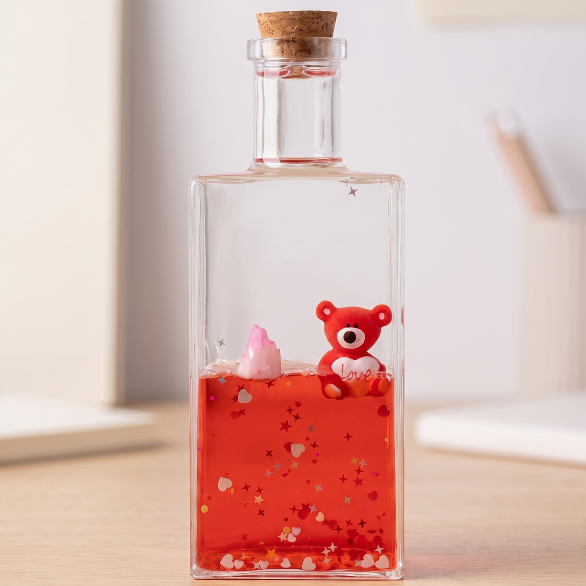 Floating Red Teddy Bear Figurine Decorative Liquid Wave Bottle