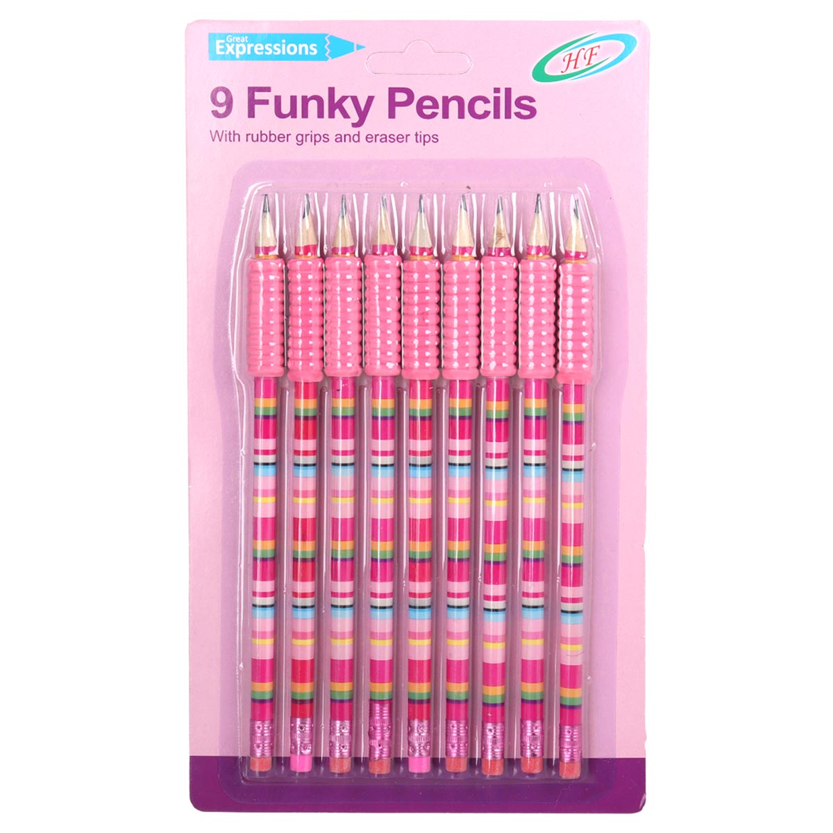 HF 9 Funky Pencils with Rubber Grips and Eraser Tips