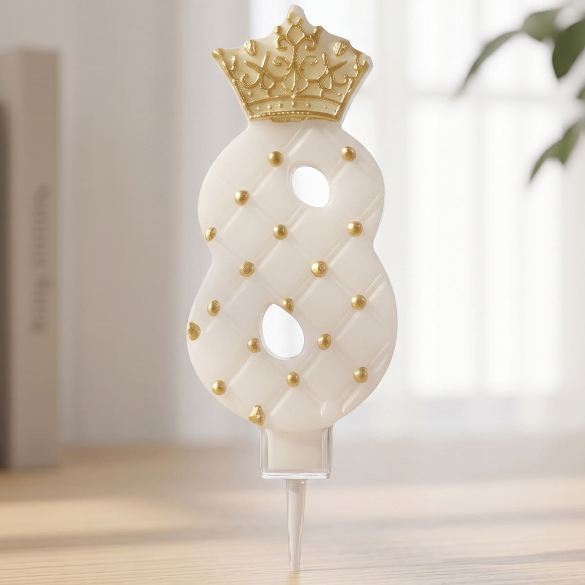 Golden Crowned White Birthday Candle Number 8