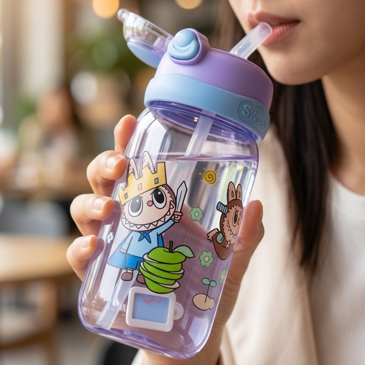 Kids Water Bottle With Straw And Cartoon Design Assorted