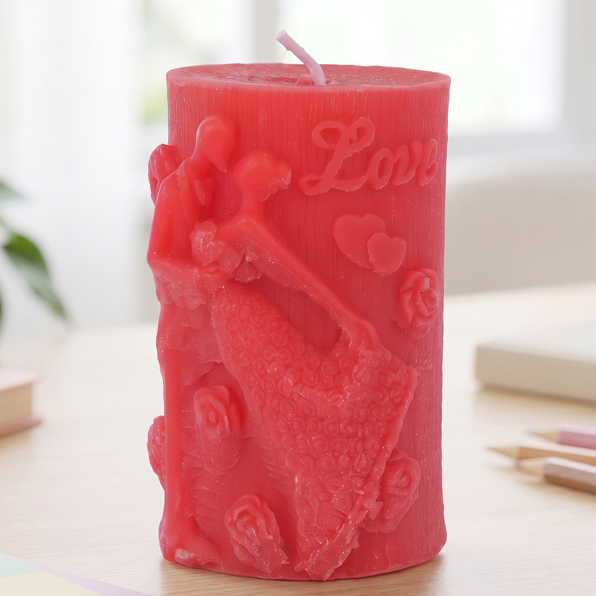 Embossed Dancing Couple Red Pillar Candle
