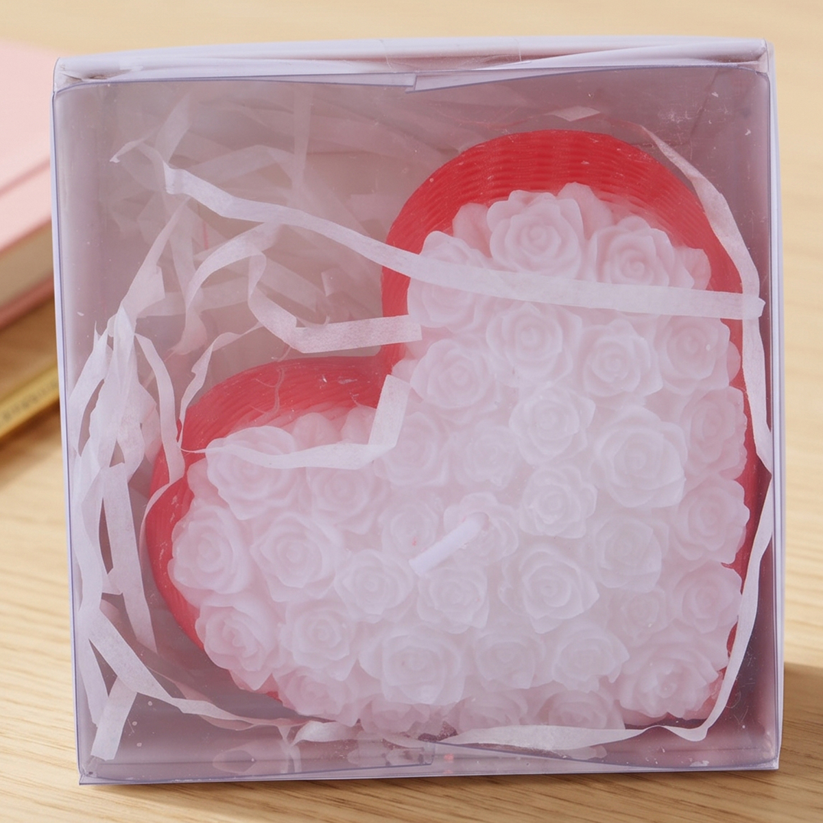 Sculpted White Roses Filled Red Heart Shaped Decorative Candle