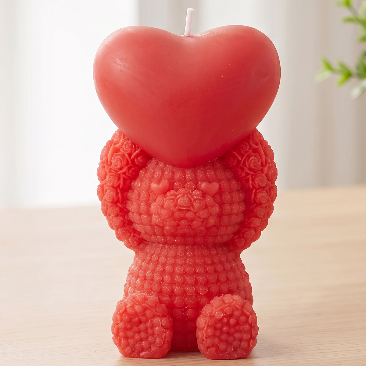 Floral Patterned Teddy Bear Holding Heart Shape Decorative Candle