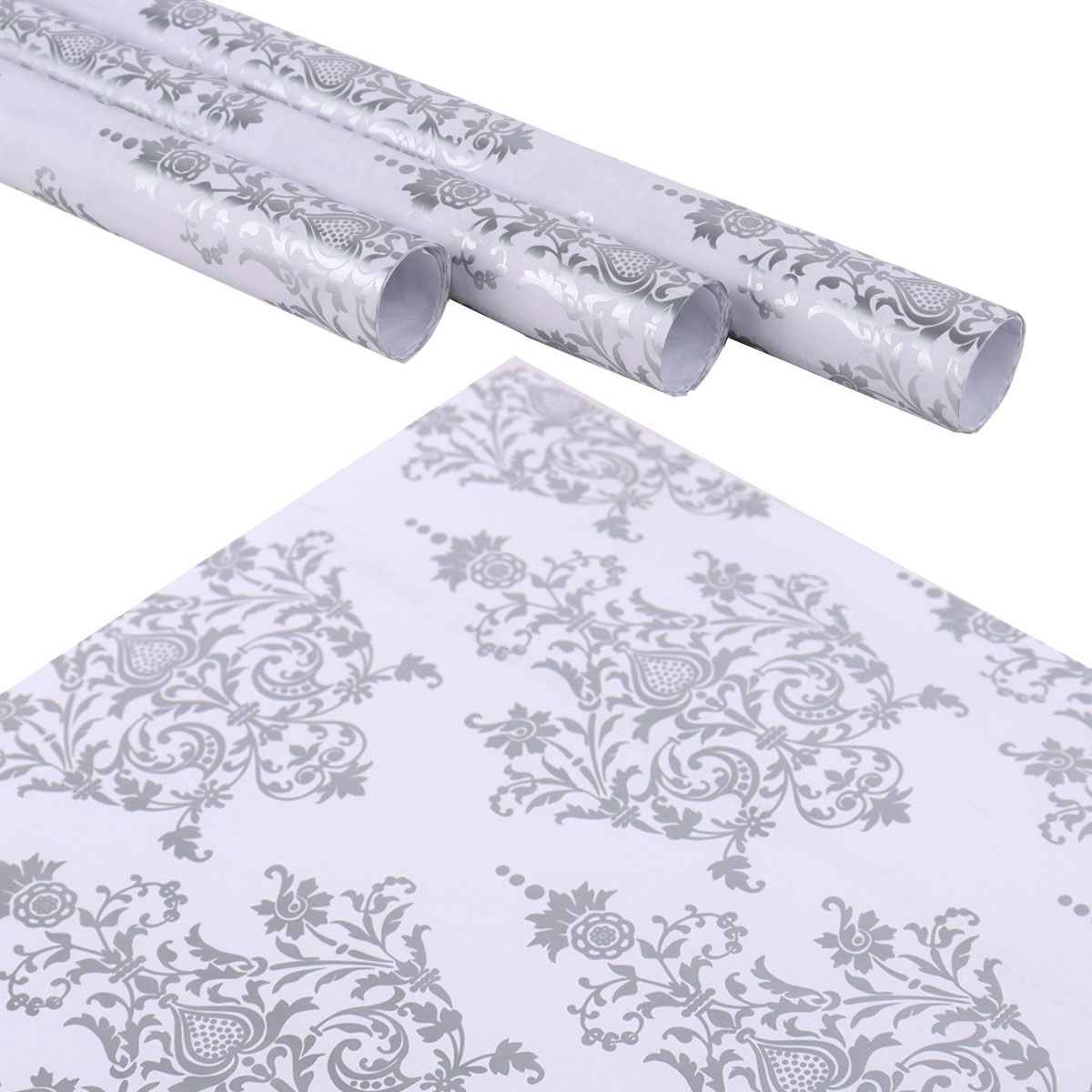 Silver And White Damask Patterned Gift Wrapping Paper