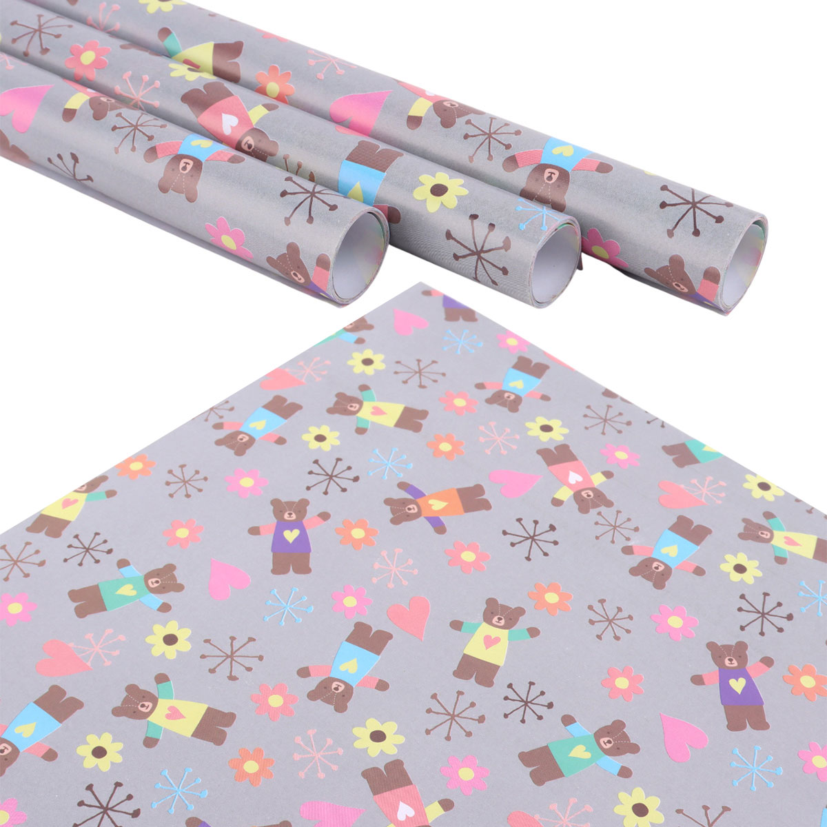 Cute Cartoon Bear And Flower Themed Gift Wrapping Paper