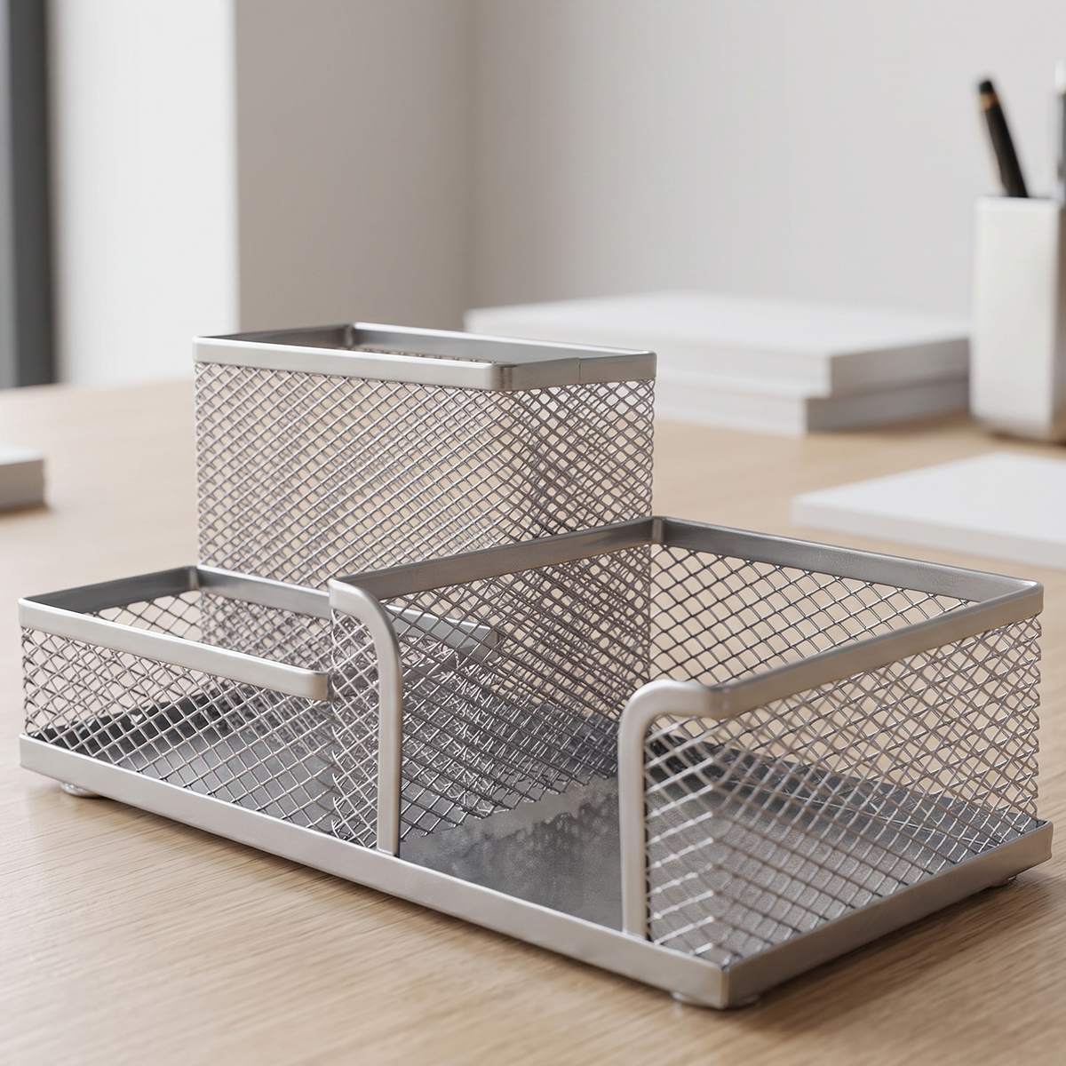 Mesh Metal 3 Part Pens & Notes Holder Silver