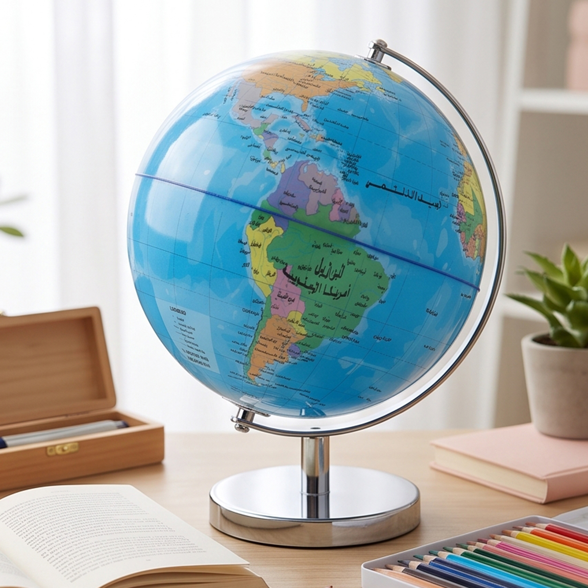 Sleek Desktop World Globe On Silver Tone Metal Stand