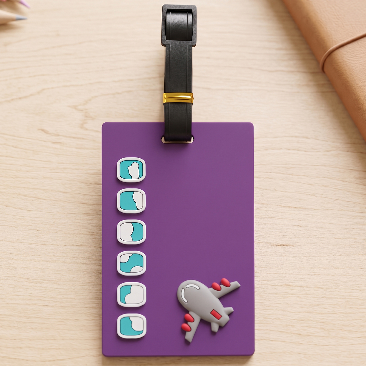 Playful Cartoon Aeroplan Design Luggage Tag Purple