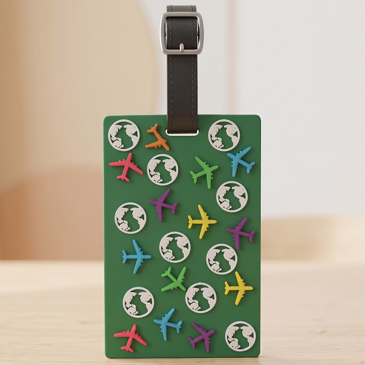 Playful Aeroplan & Globe Pattern Luggage Tag Green
