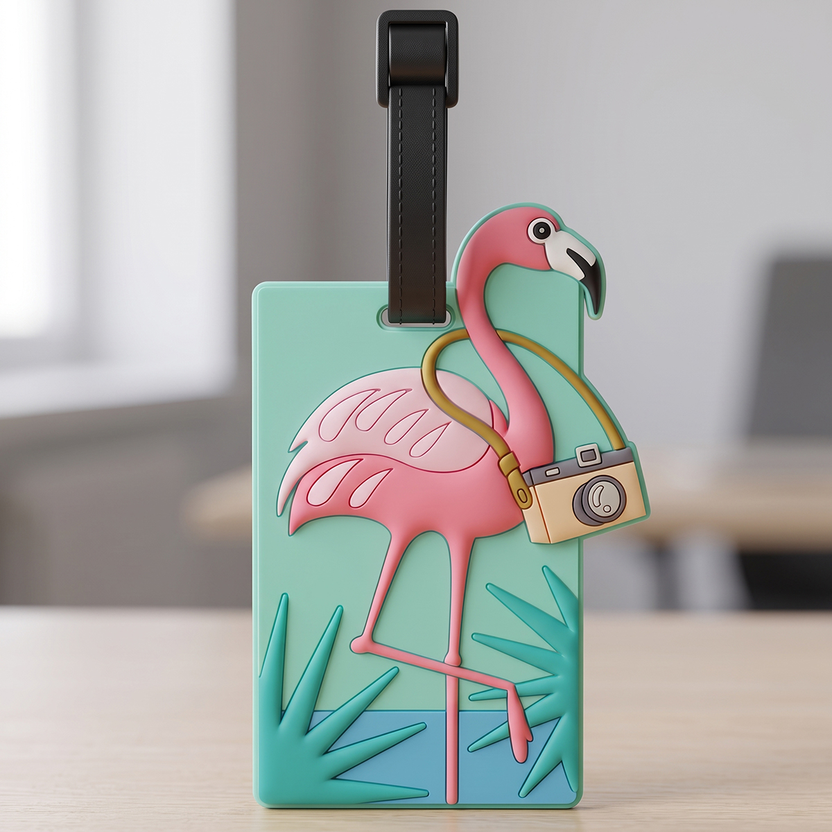 Flamingo Wearing Camera Themed Luggage Tag Turquoise