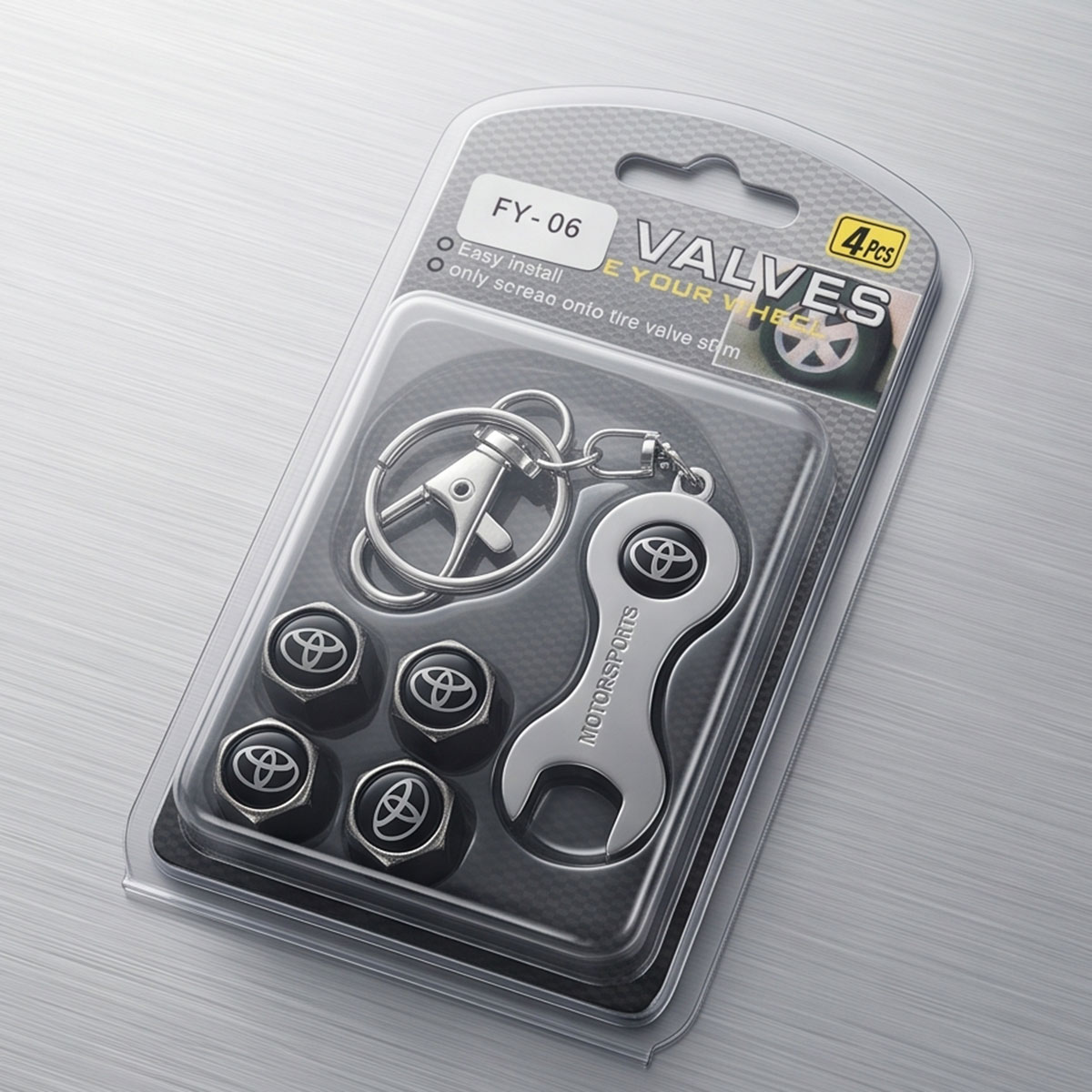 Keychain and Motorsports Tire Valve Caps Set 4 Pieces