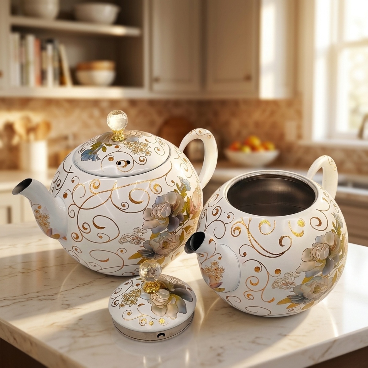 Stainless Steel Kettle 2 Pieces With Golden Floral Design