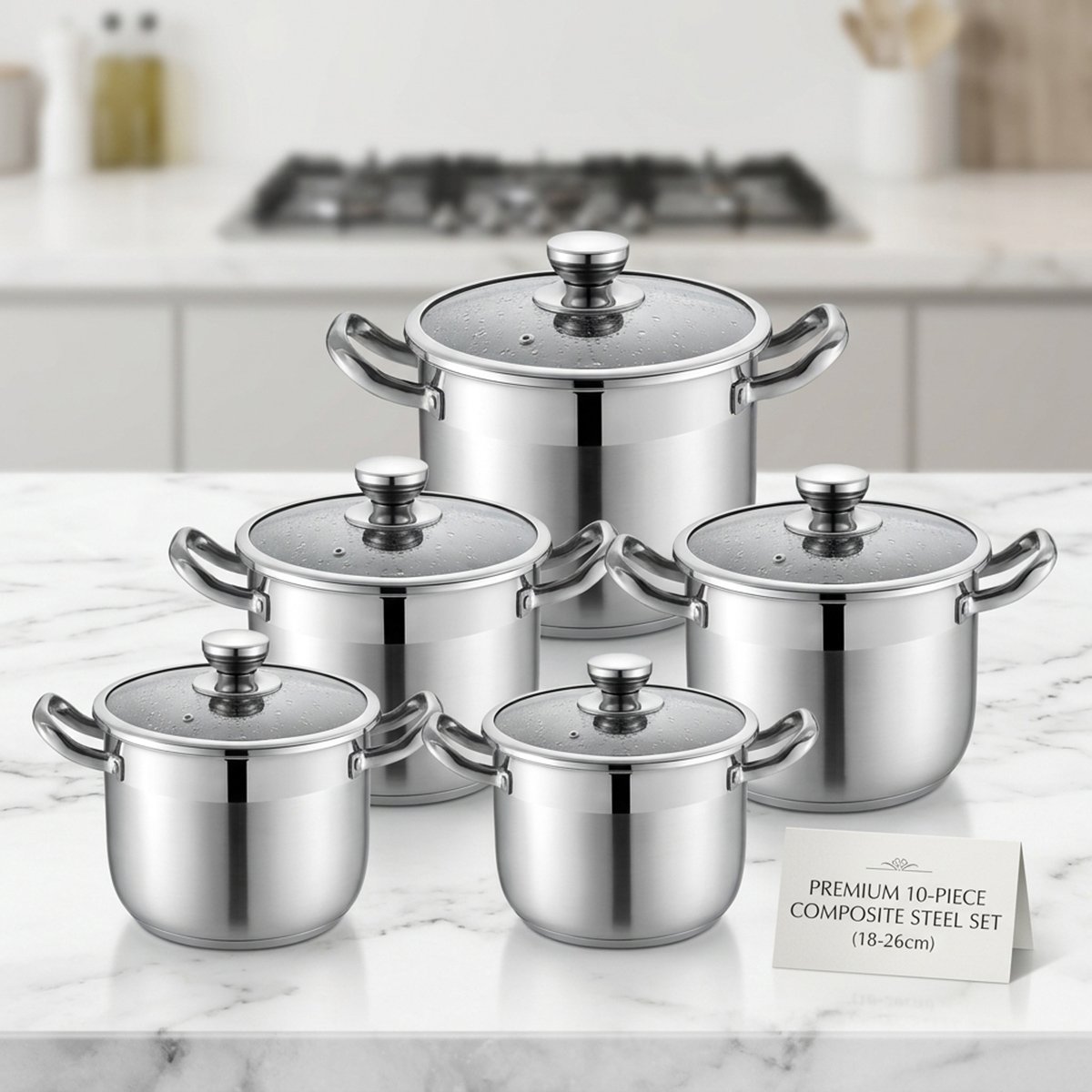 Premium Stainless Cookware With Lid 10 Pieces Set 18-26cm