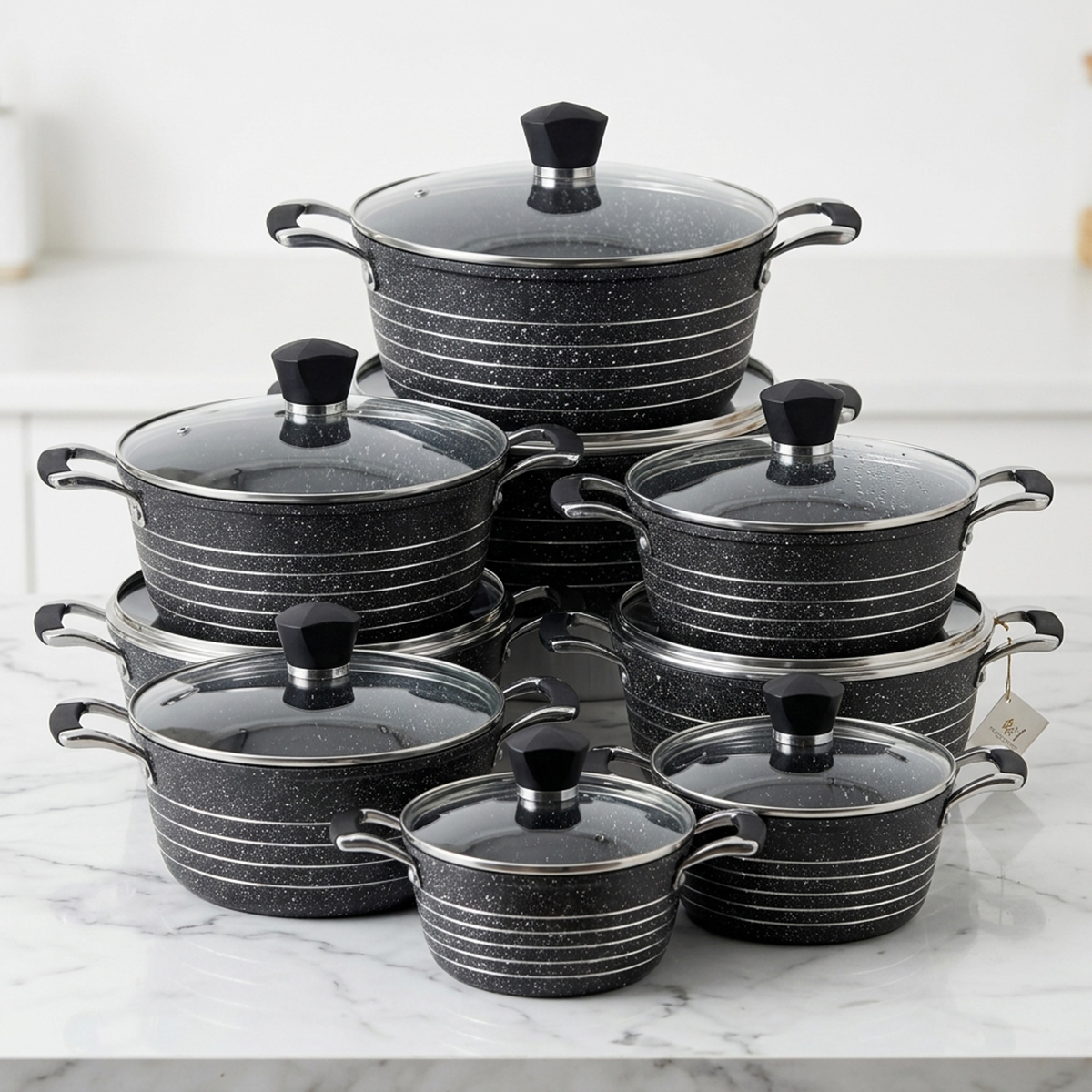 Premium Granite Coated Aluminium Cookware With Lid 12 Pieces Set