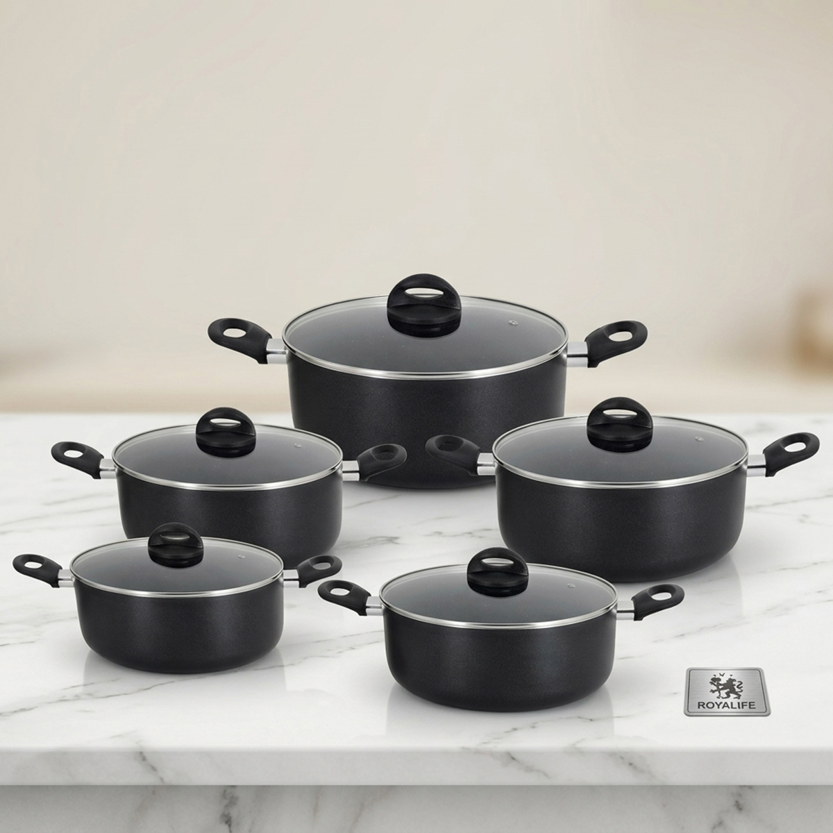 Royal Life Granite Matte Black Cookware With Lid 10 Pieces Set