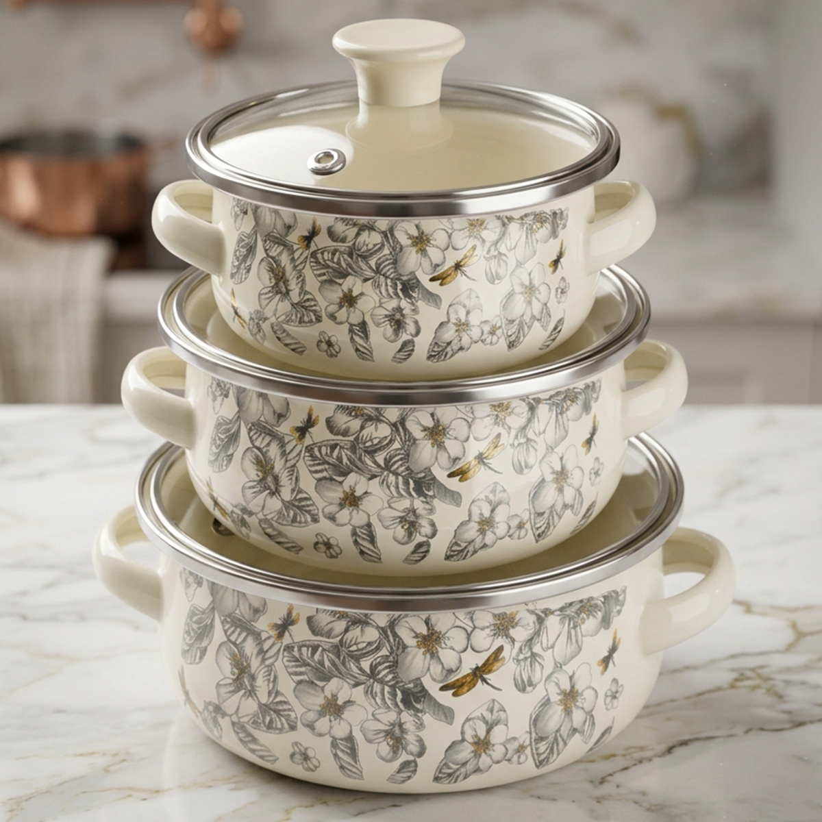 Flower Printed Enamel Casserole With Lid 3 Pieces Set