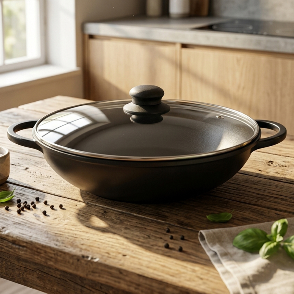 Dual Short Handle Wok Pan With Lid