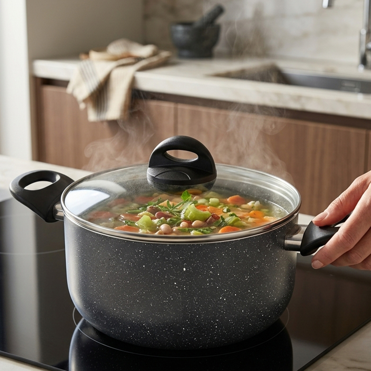 Dual Short Handle Non Stick Casserole With Glass Lid