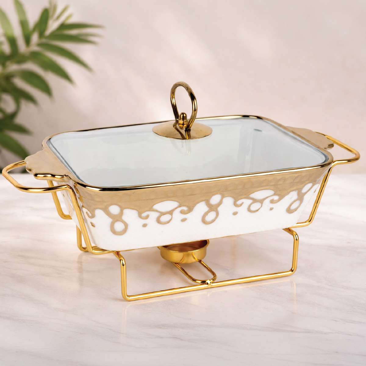Ceramic Food Warmer With Burner Metal Stand