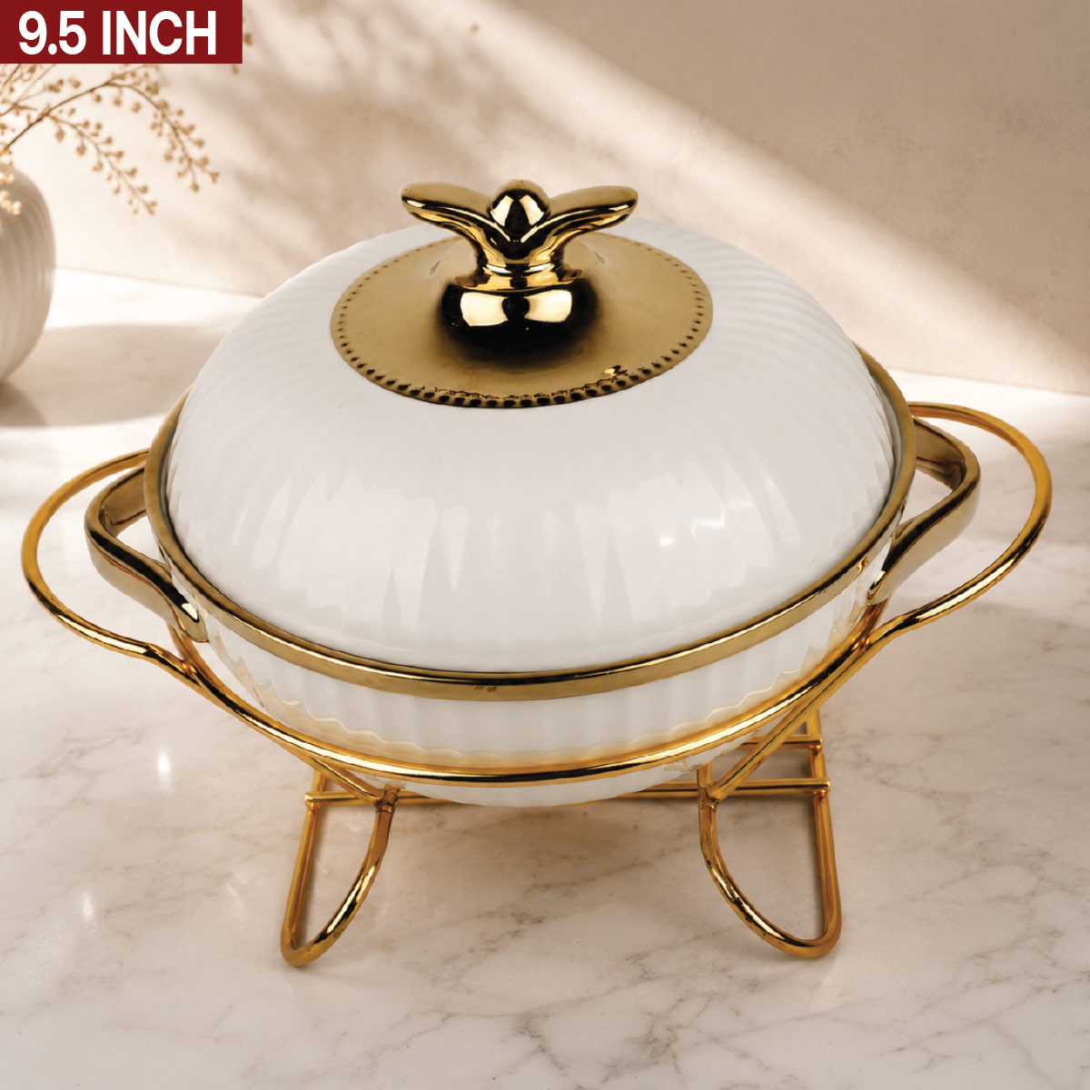 Elegant Gold and White Serving Dish With Lid 9.5 Inch