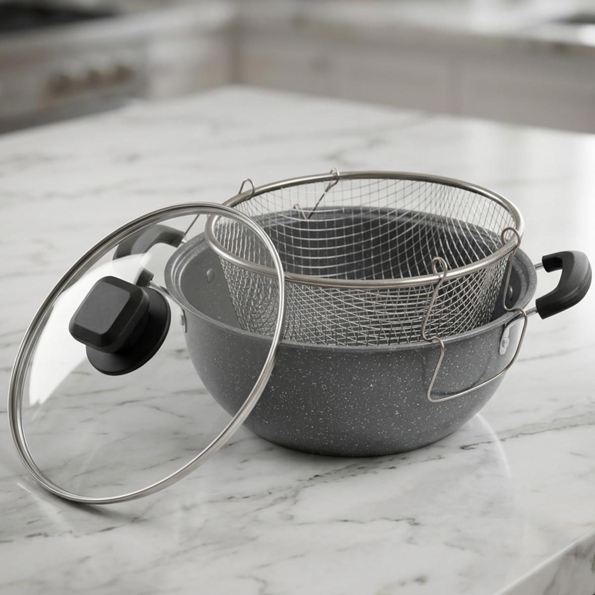 Non Stick Deep Fryer Pot With Stainless Steel Basket 2 In 1 Set 24cm