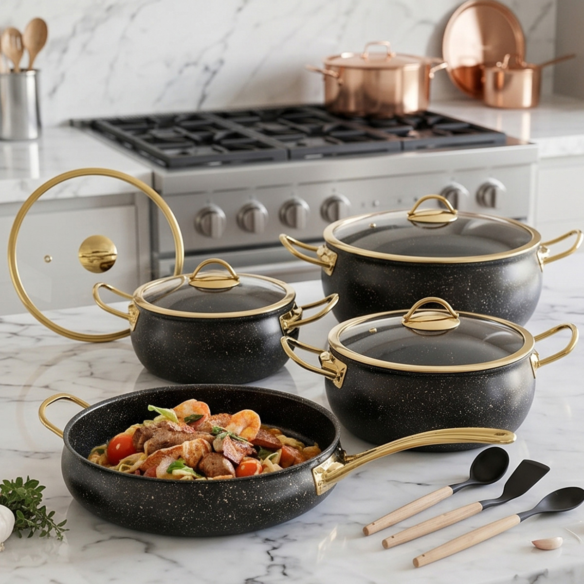 Granite Cookware Set with Golden Accents 12 Pieces