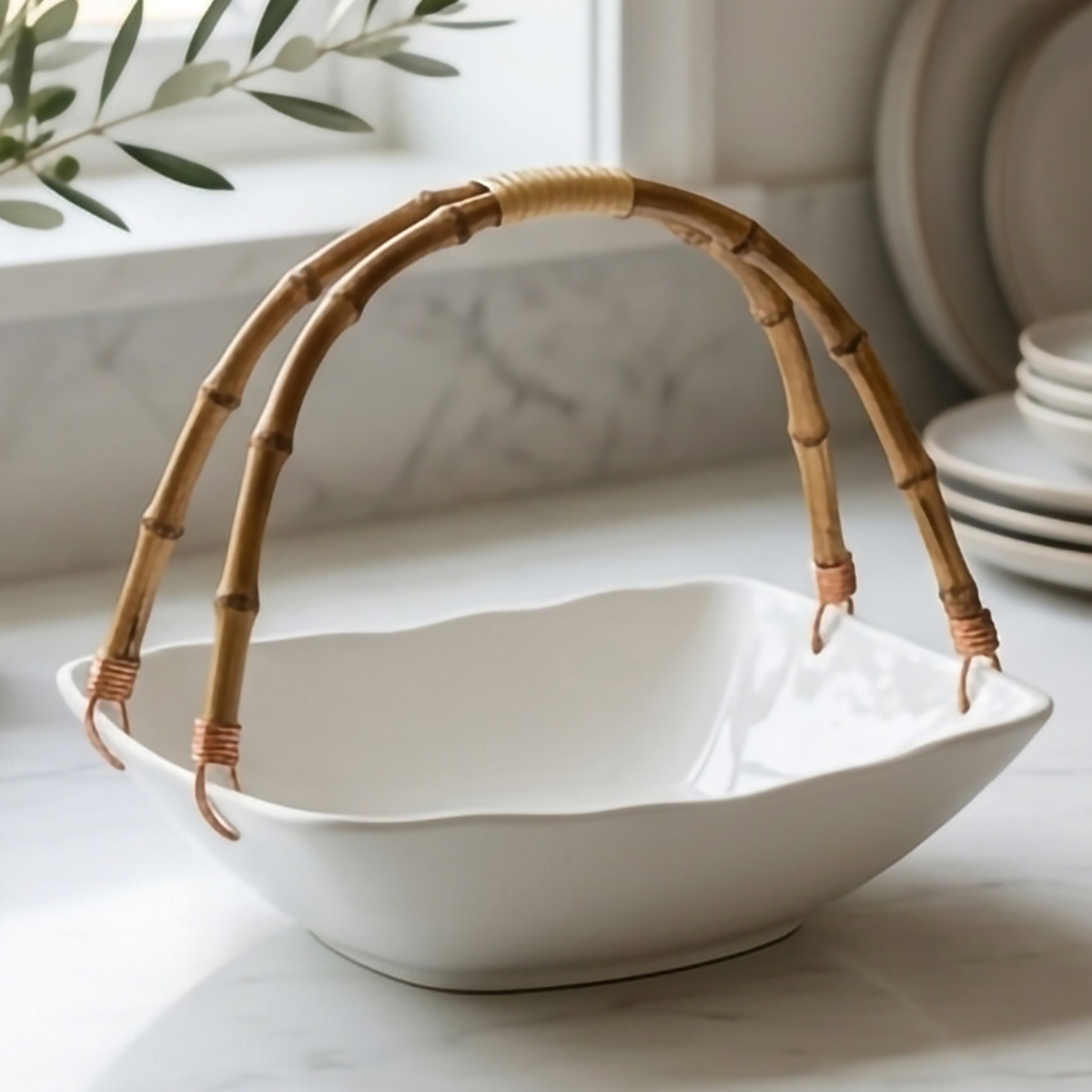 Porcelain Fruit Bowl with Bamboo Handles