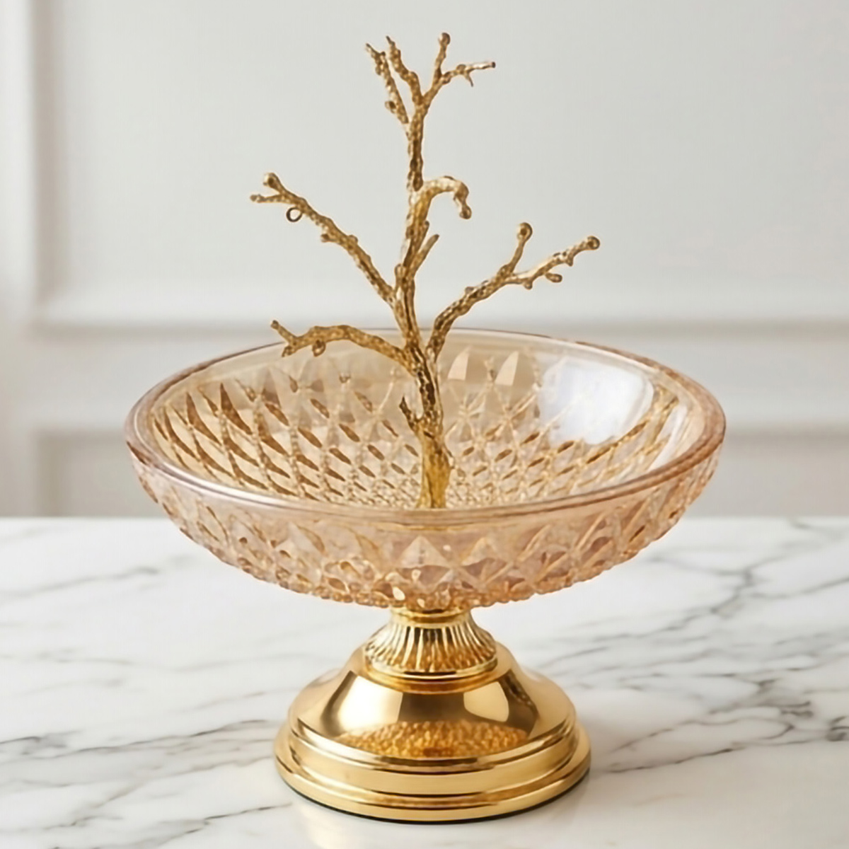Elegant Glass Fruit Bowl with Golden Tree Stand