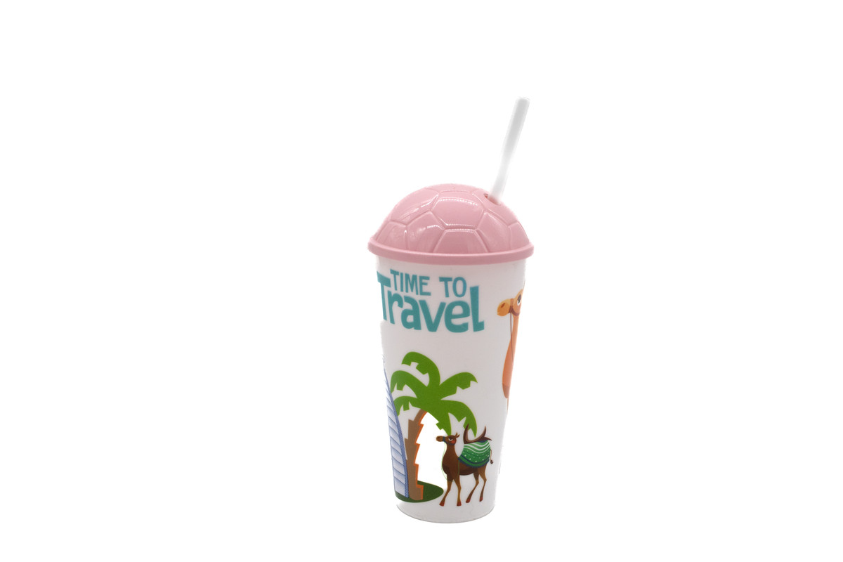 Plastic Tumbler With Straw Time To Travel Design 600ml