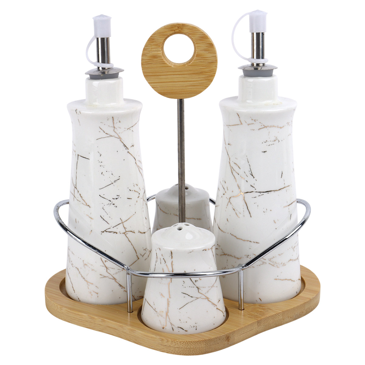 Ceramic Condiment Set With a Bamboo Stand