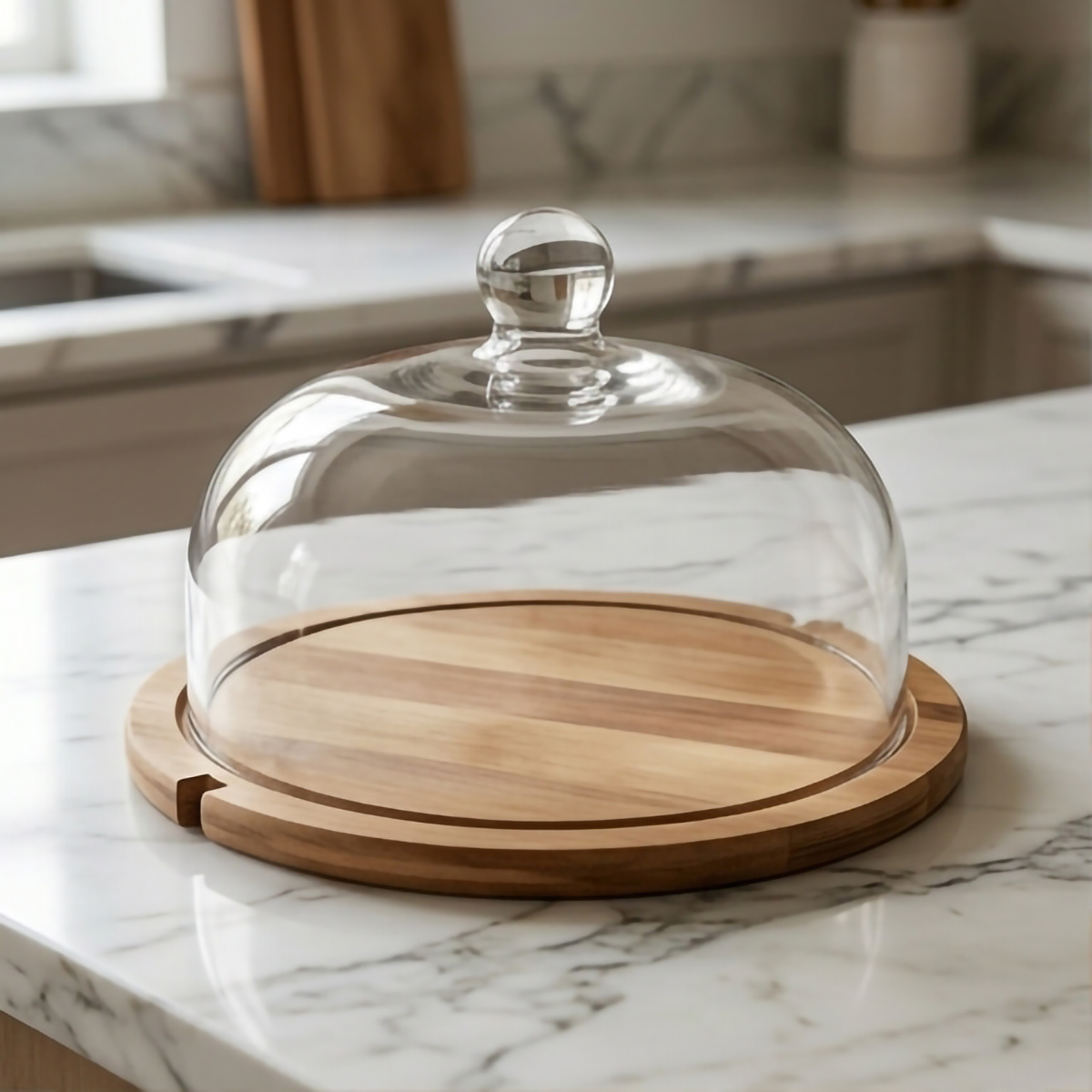 Cake Dome Wood With Glass Lid