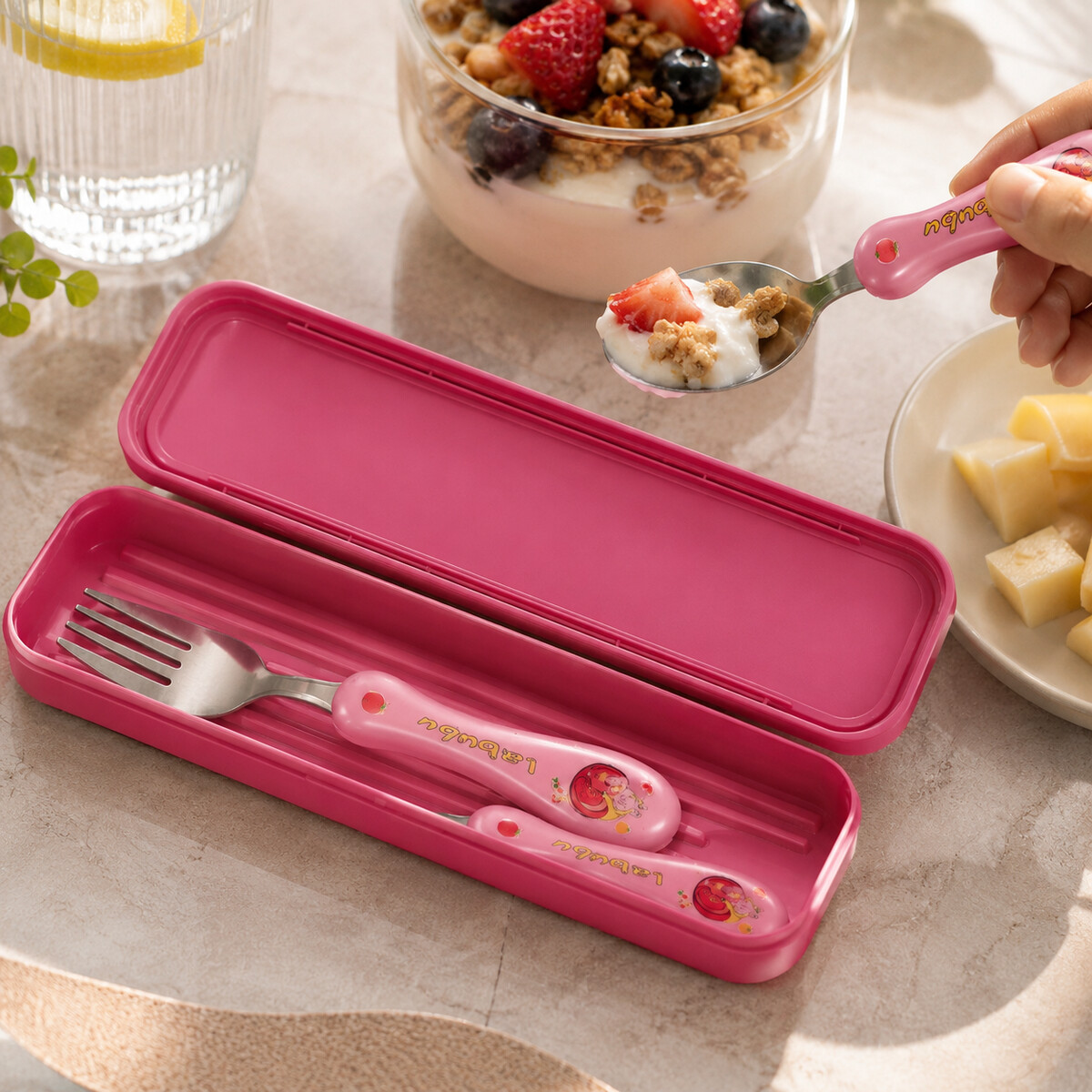 Kids Spoon and Fork Set 2 Pieces with Pink Case