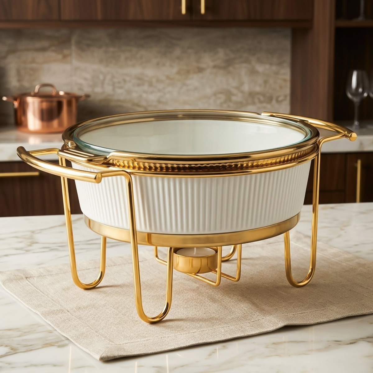 round chafing dish with glass lid and golden stand elegant buffet serving dish