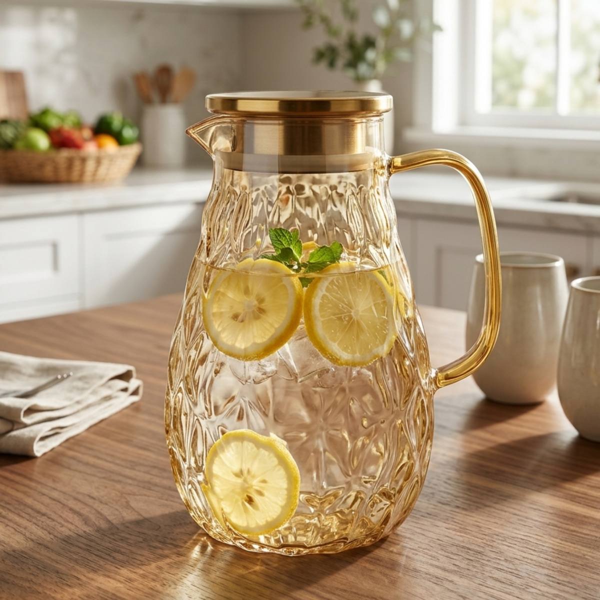 Glass Pitcher With Golden Stainless Steel Lid 1.8L