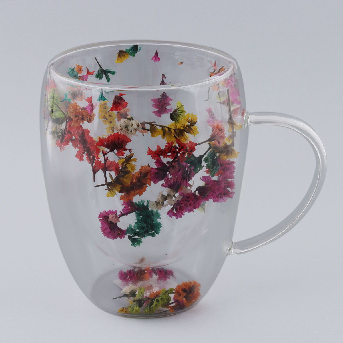 Double Wall Glass Cup With Handle & Flower Inside