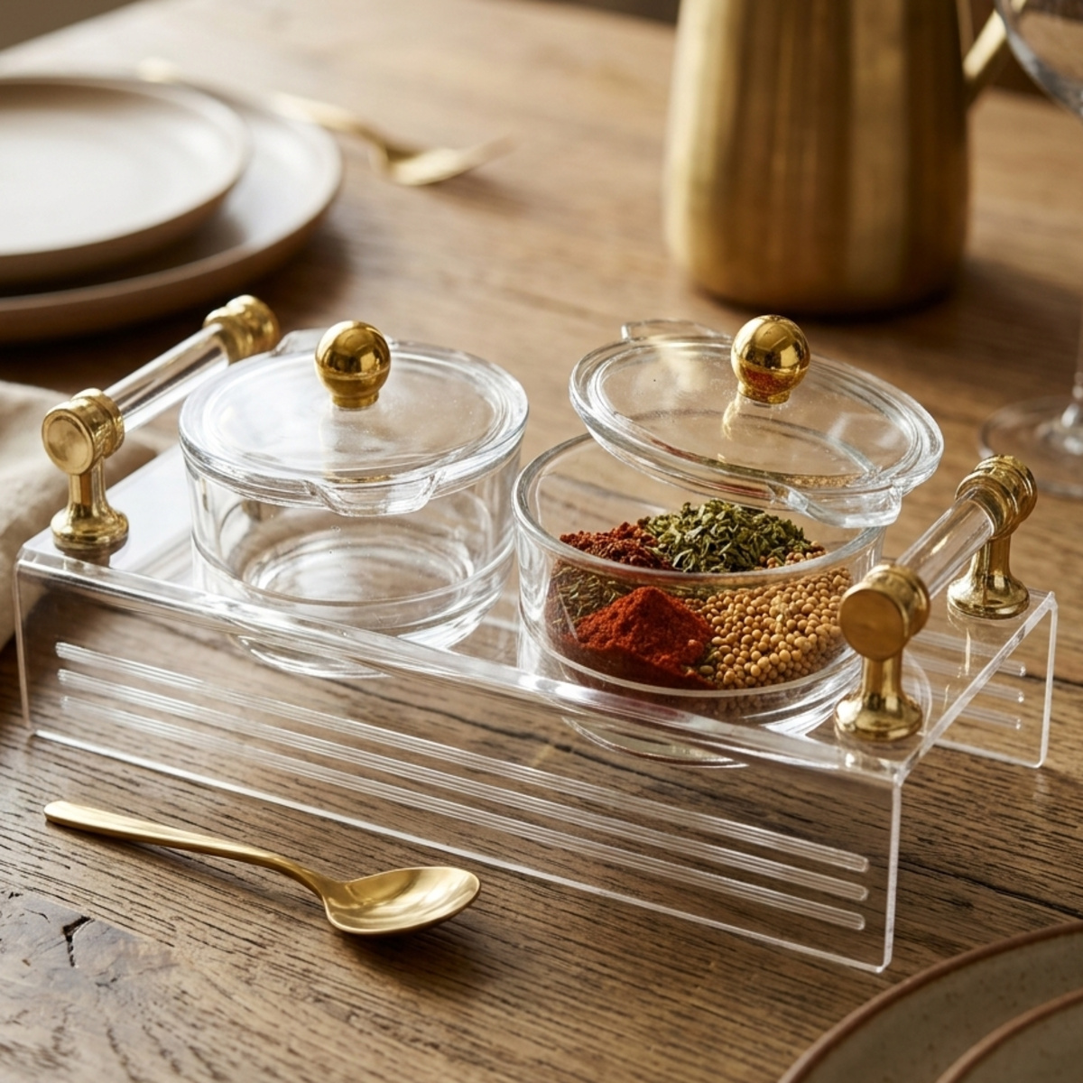 Acrylic Condiment Server Set With 2 Bowls And Golden Knobs