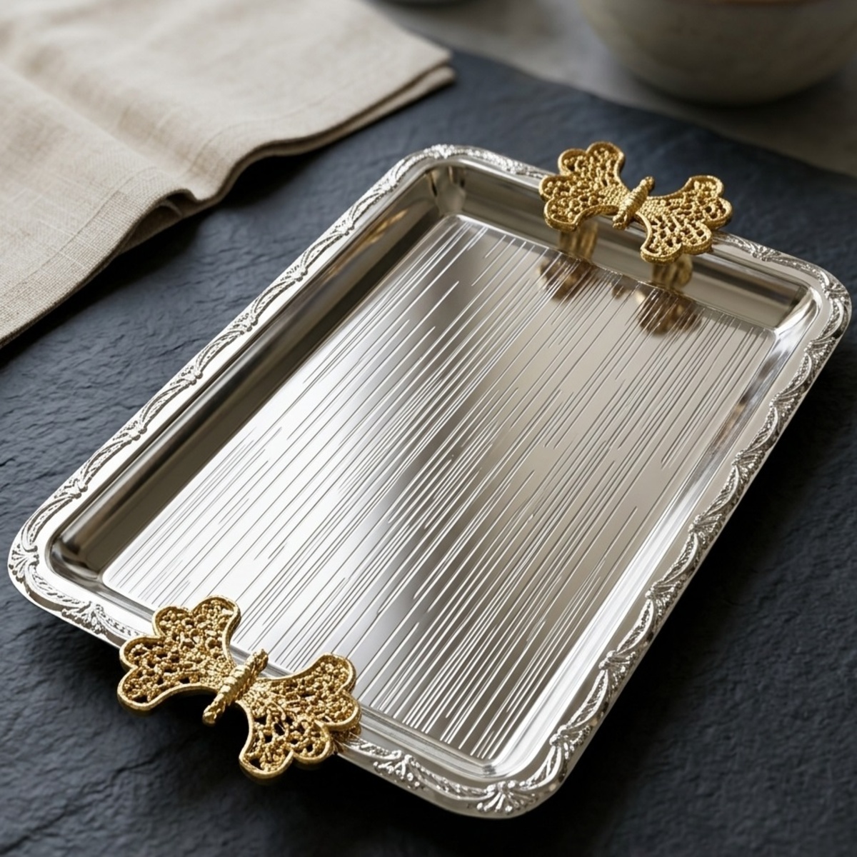 Rectangular Metal Tray With Butterfly Handles