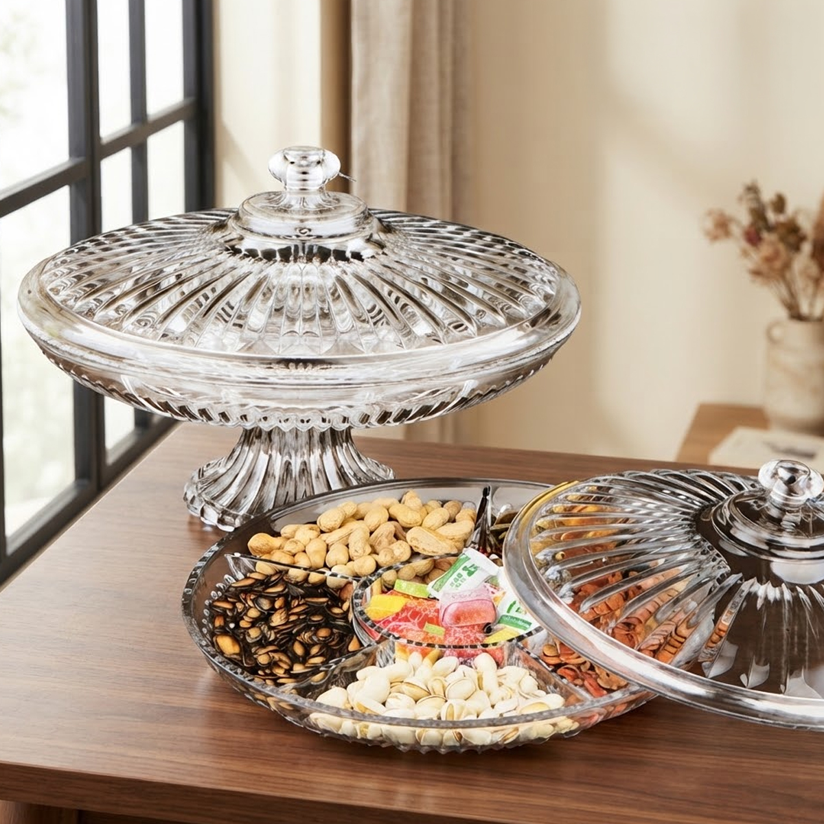 Clear Acrylic Footed Dry Fruits & Candy Dish With Domed Lid