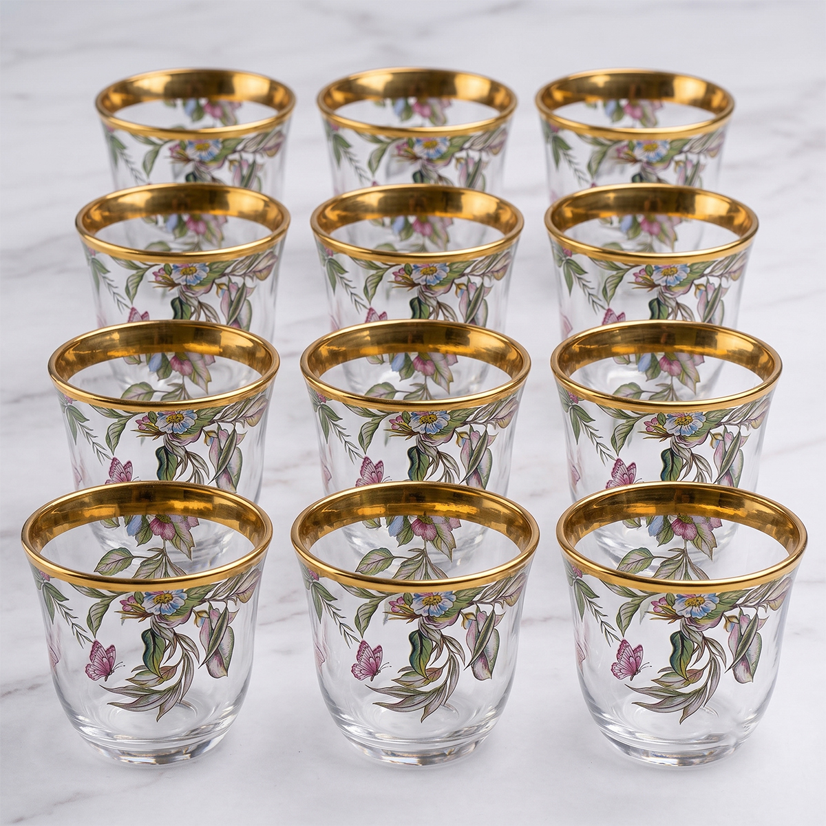 Floral Cawa Glass Cups 12 Pieces
