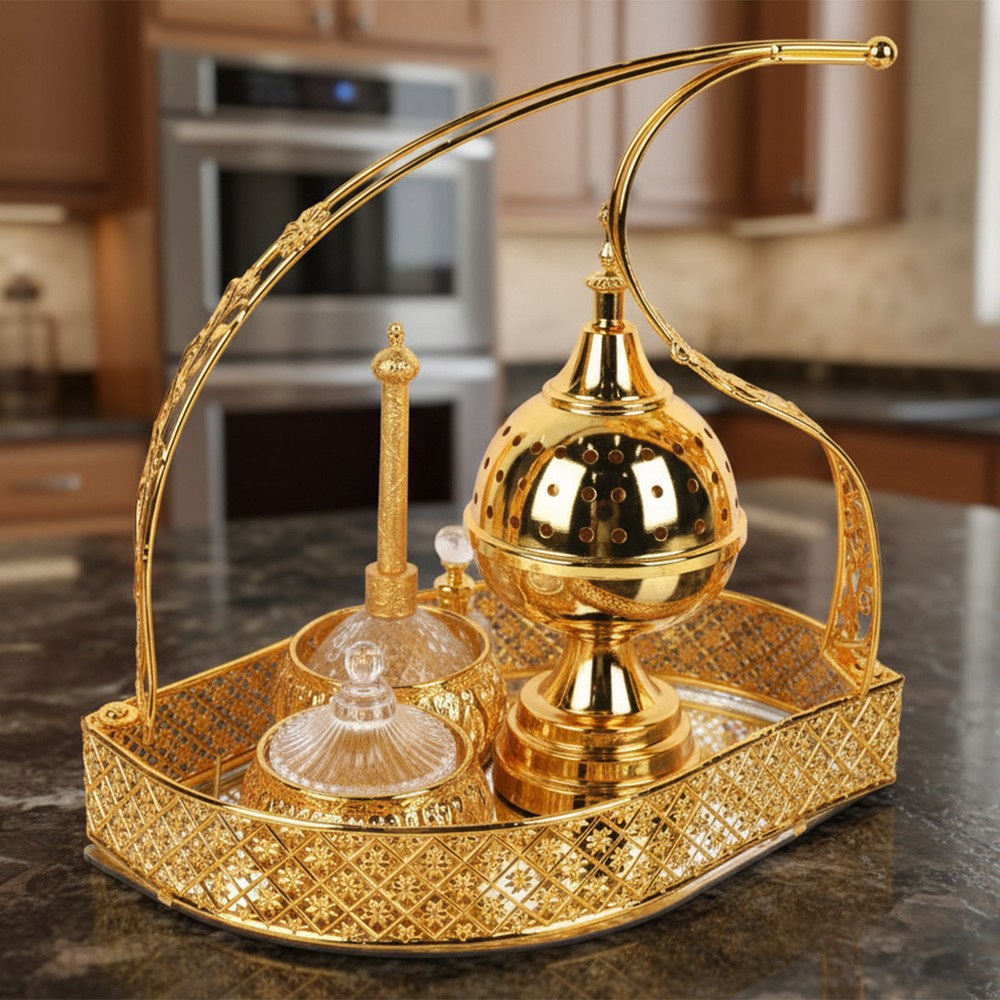 Golden Incense Burner Set for Bakhoor & Oud with ornate detailing and tray