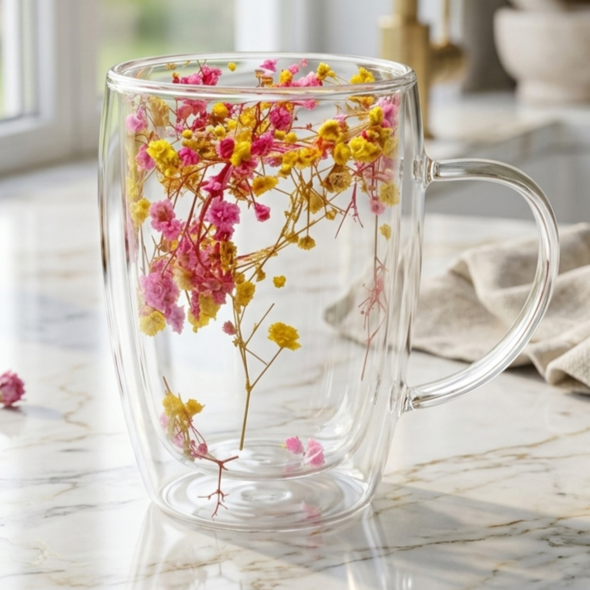 Double-Walled Floral Glass Mug