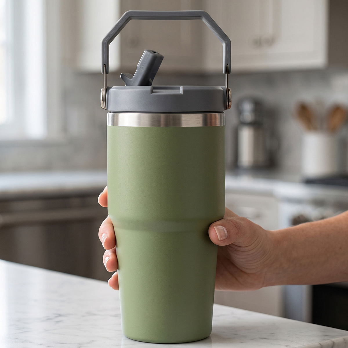 Water Tumbler With Handle And Built In Straw