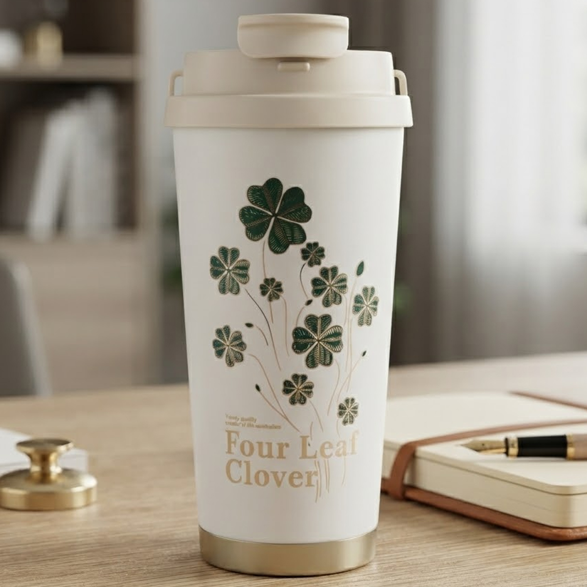 Green Leaf Clover Printed Stainless Steel Travel Mug 520ml White