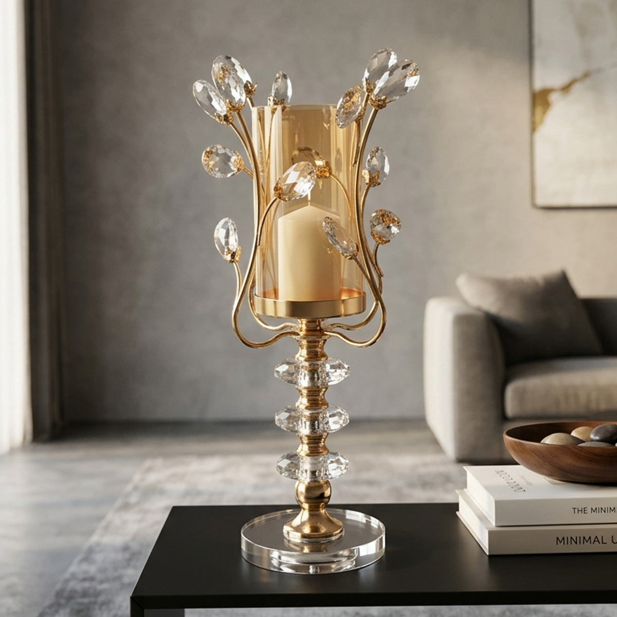 Elongated Crystal Floral Hurricane Candle Holder