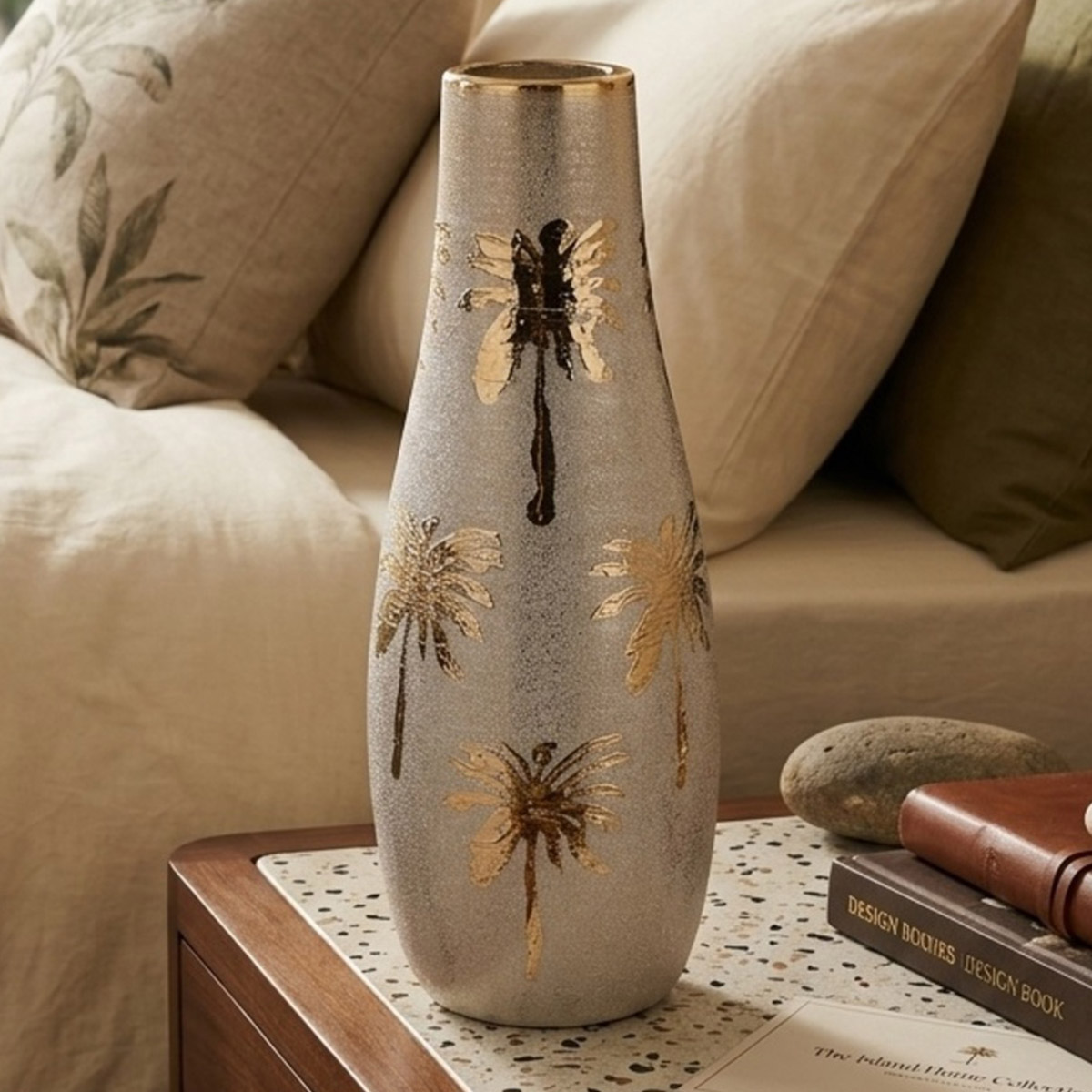Ceramic Vase with Gold Palm Tree and Dragonfly Design