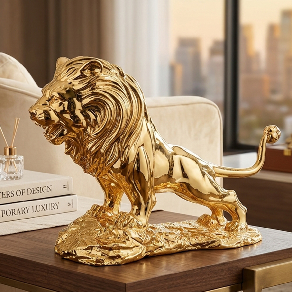 High Gloss Metallic Golden Roaring Lion Figure